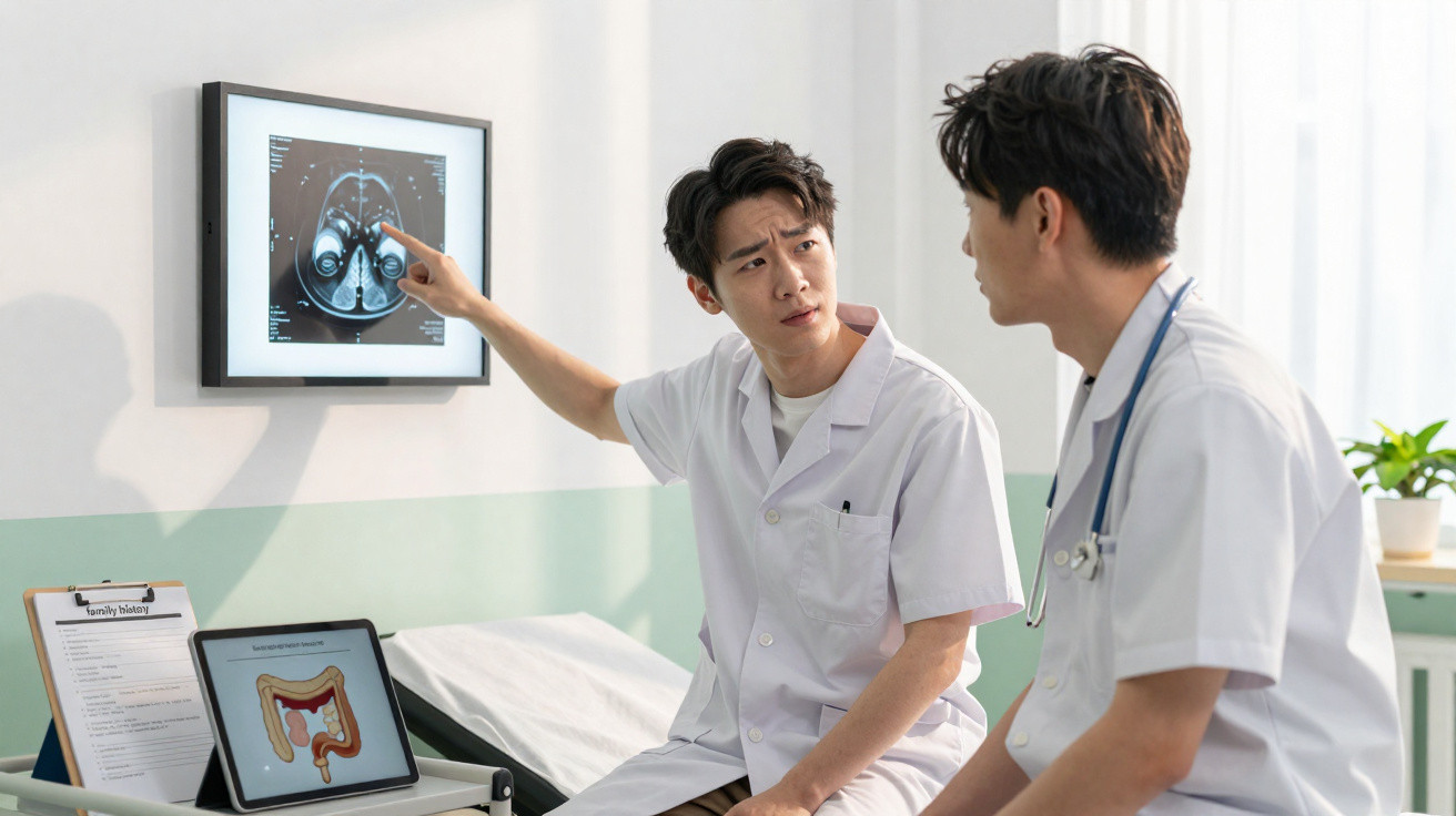 Dois médicos discutem exames médicos, com um apontando para raio-x em uma tela na parede.