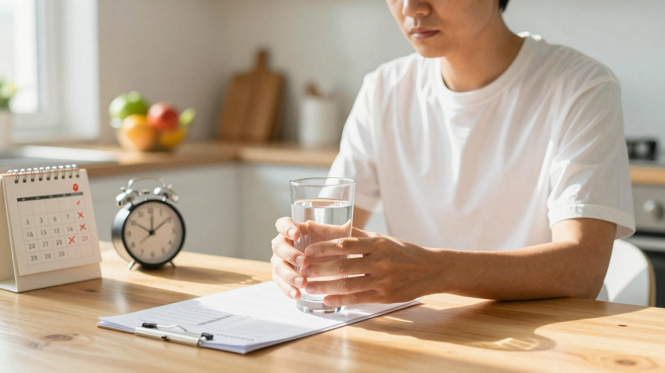 Pessoa segurando copo de água sentada à mesa com calendário, relógio e prancheta em ambiente claro.