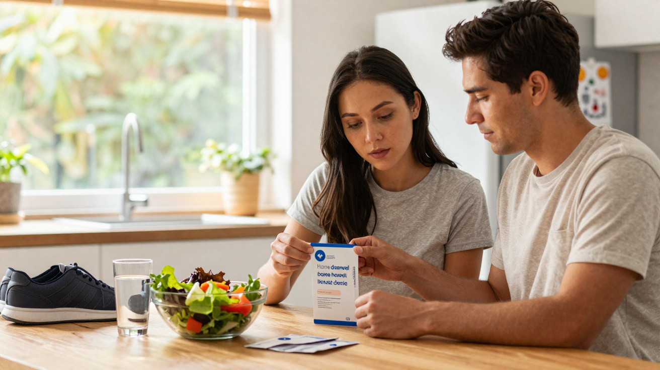 Casal jovem lendo bula de remédio na cozinha, com salada e tênis sobre a mesa.