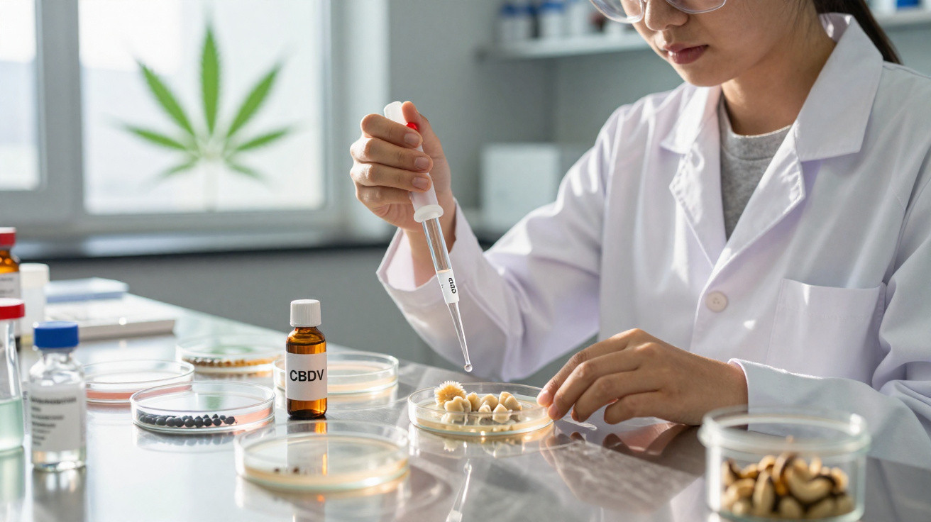 Pesquisadora com jaleco manipula amostras em placa de Petri em laboratório com frascos de CBDV e planta de cannabis na janela