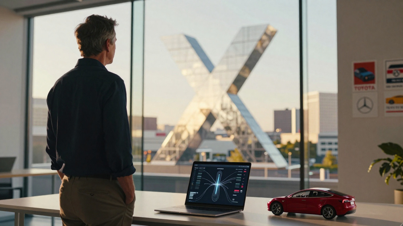 Homem observa através da janela modelo X gigante, com notebook e miniatura de carro vermelho na mesa.