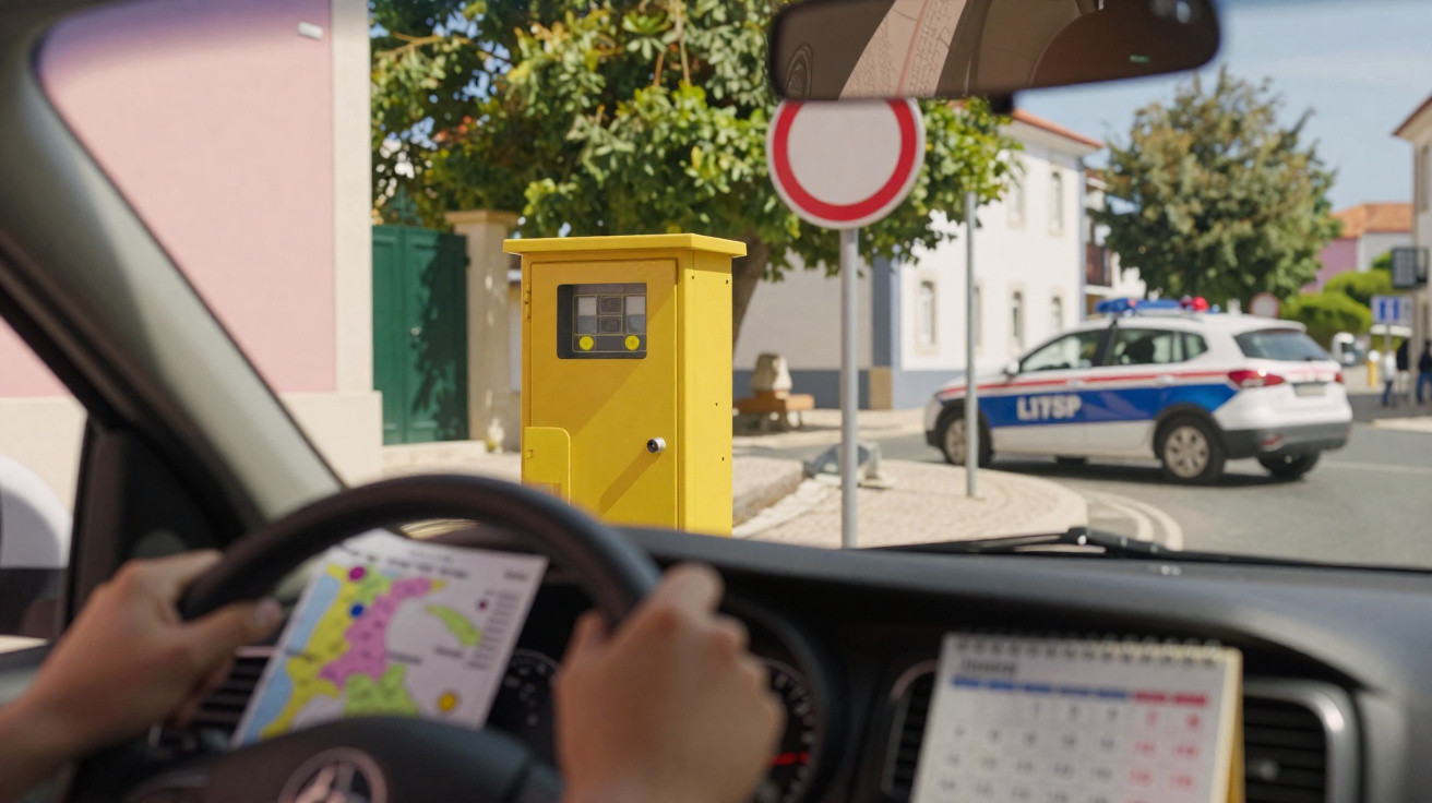 Motorista segurando volante com mapa, à frente parquímetro amarelo e viatura da polícia parada na rua.