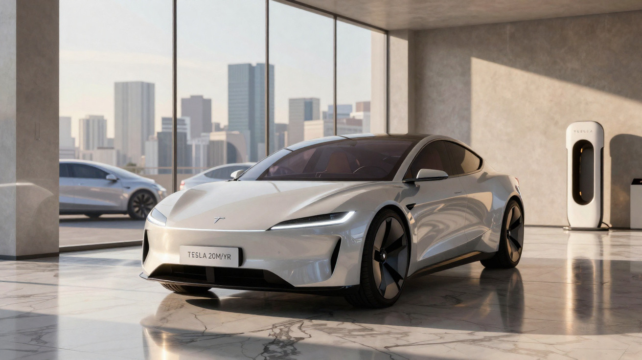 Carro elétrico Tesla prata estacionado em showroom moderno com janelas amplas e vista para cidade ao fundo.