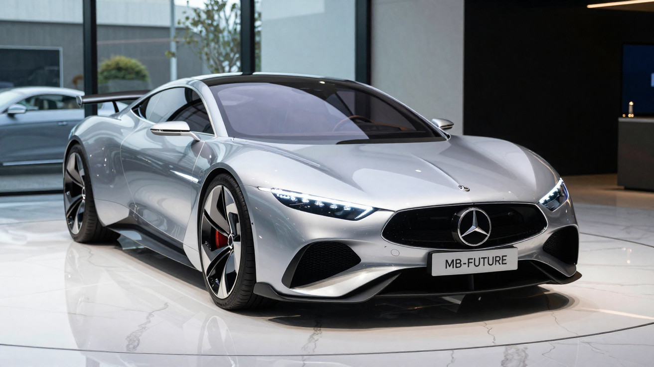 Carro esportivo prata Mercedes-Benz MB-FUTURE exibido em showroom moderno com luzes LED acesas.