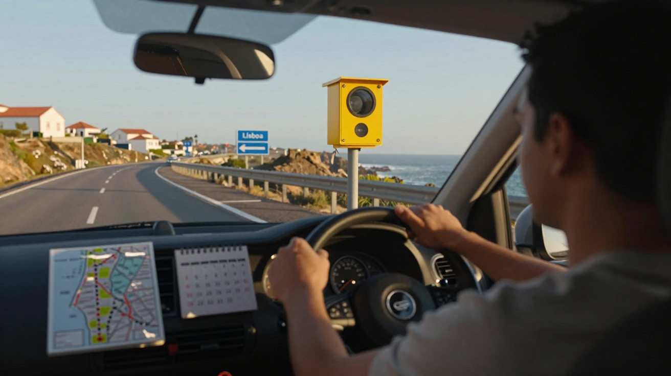 Homem dirigindo carro próximo a câmera de velocidade amarela em estrada costeira com placa indicando Lisboa.