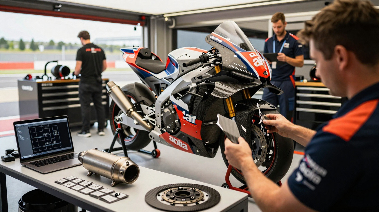 Oficina com equipe técnica ajustando e analisando motocicleta de corrida Aprilia em ambiente profissional.