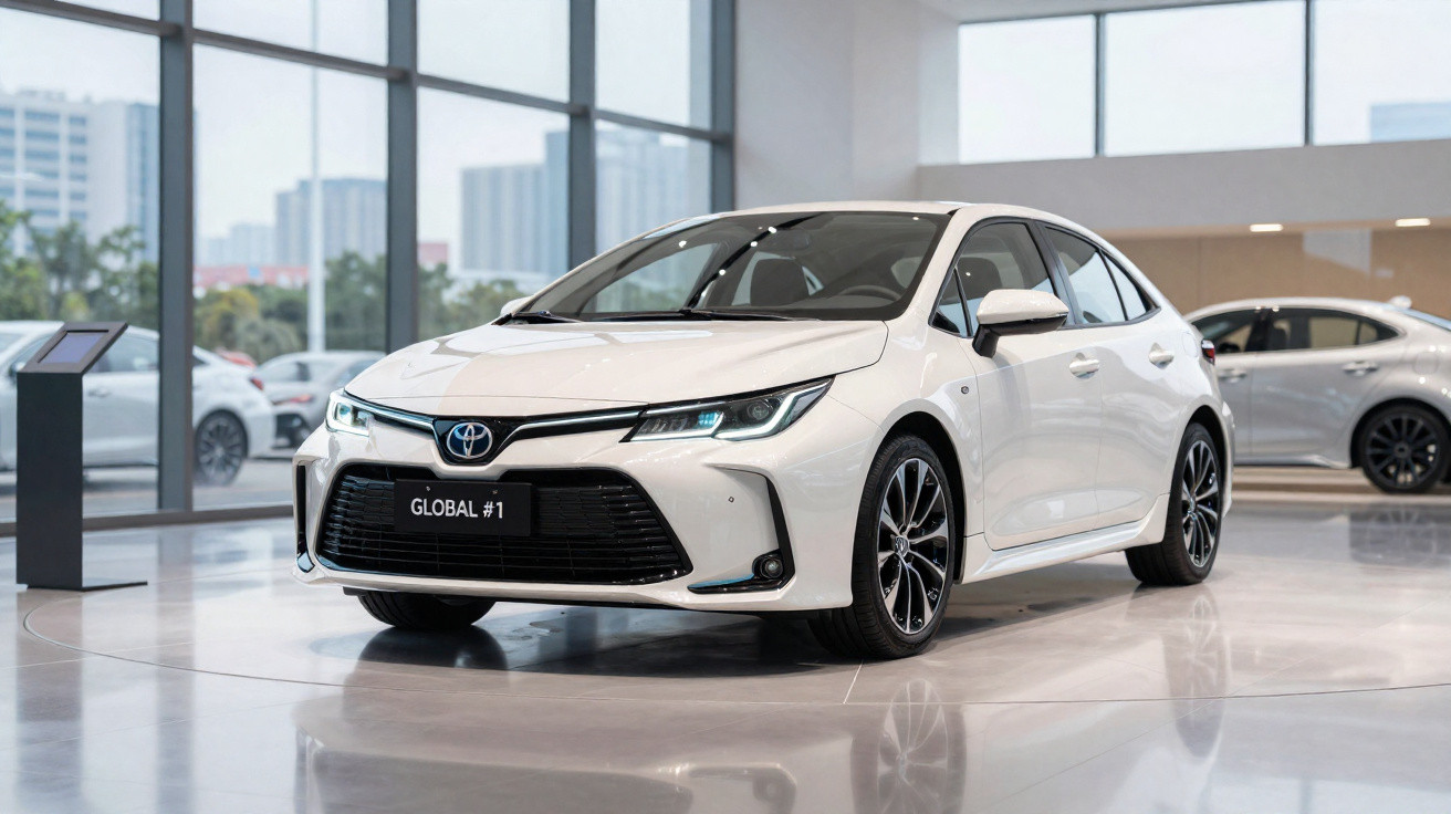 Carro branco Toyota Corolla exposto em salão de automóveis com piso brilhante e janelas grandes ao fundo.