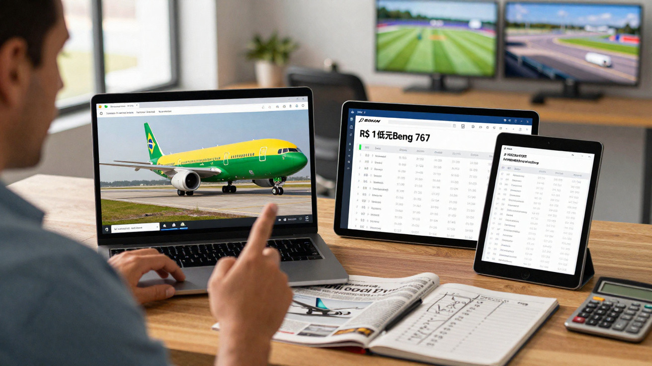 Pessoa olhando para telas com imagem de avião, dados financeiros e planejamento em escritório.