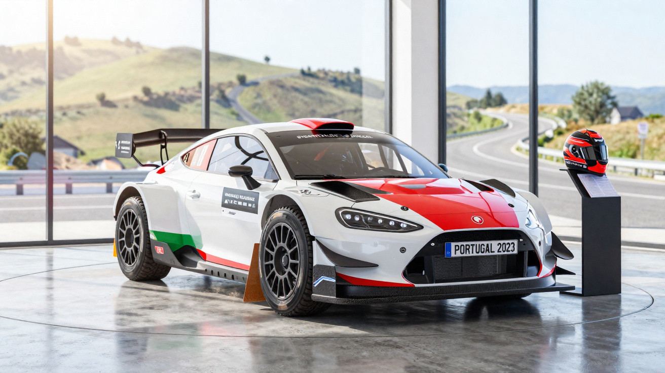 Carro de corrida branco com vermelho, verde e preto, exposto em ambiente moderno com capacete ao lado.