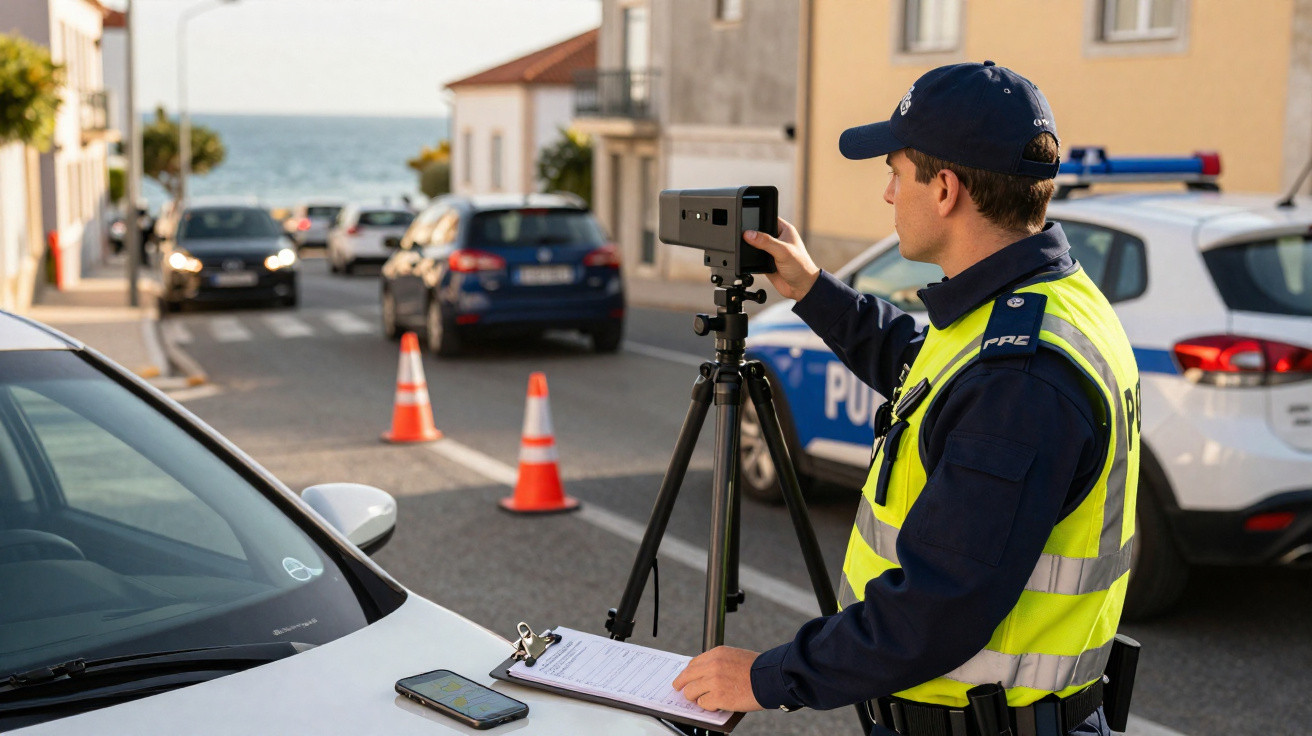 Policial com colete refletivo operando radar em rua urbana para fiscalizar velocidade de veículos.