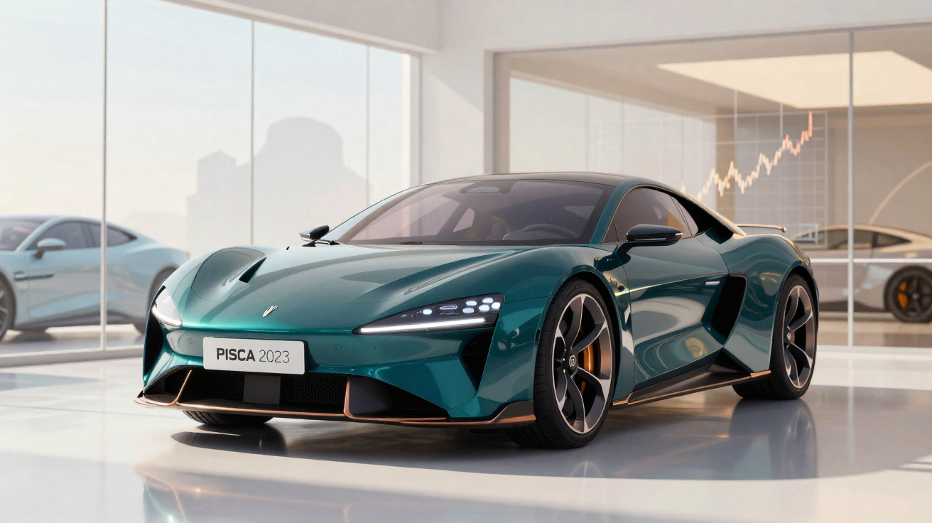Carro esportivo verde metálico PISCA 2023 em showroom com grandes janelas e reflexos no chão branco.