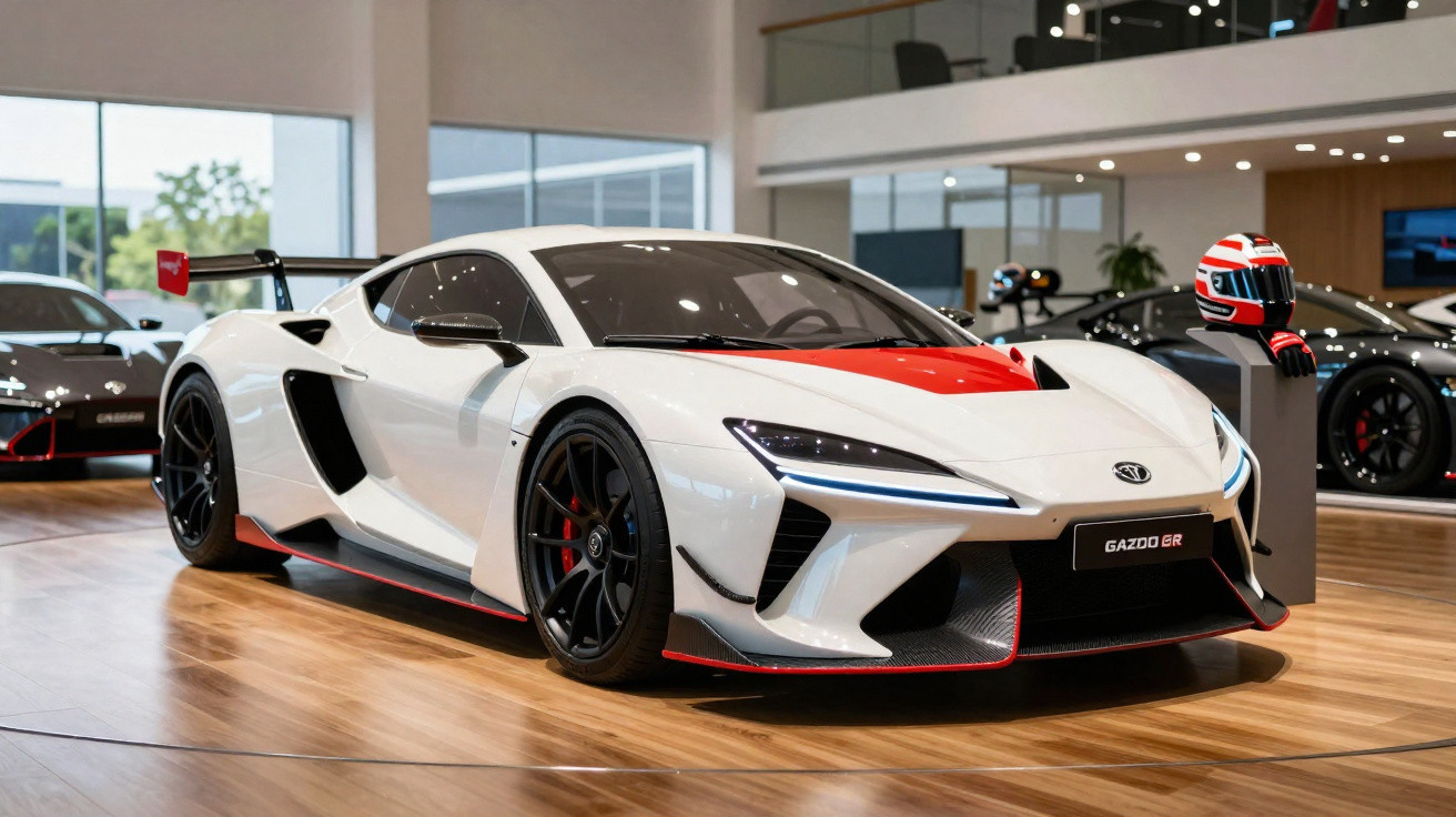 Carro esportivo branco com detalhes vermelhos em exposição dentro de showroom moderno e iluminado.