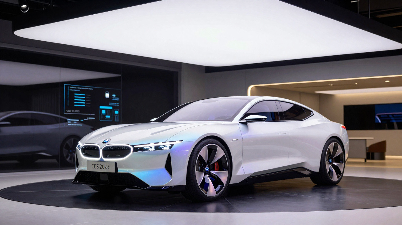 Carro esportivo branco BMW elétrico exposto em ambiente futurista com iluminação moderna no teto.