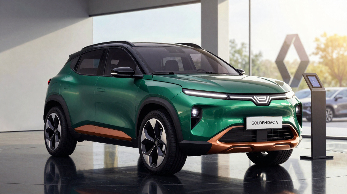 Veículo SUV elétrico verde com detalhes em cobre exposto em showroom moderno da marca Dacia.