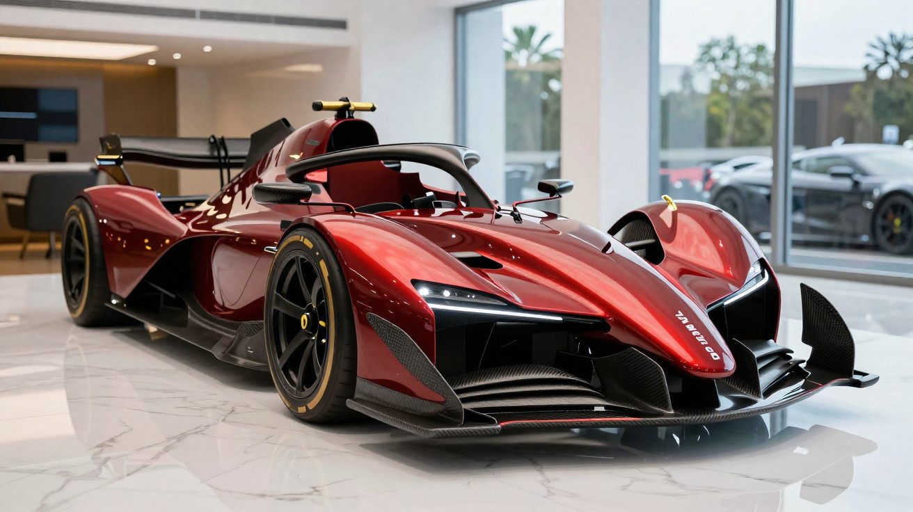 Carro esportivo vermelho moderno de corrida exposto em showroom com piso de mármore branco.