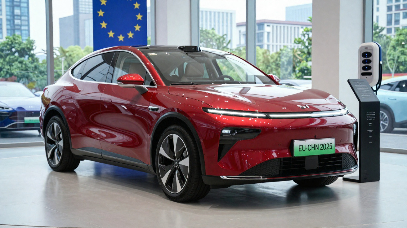 Carro elétrico vermelho estacionado ao lado de carregador, em ambiente interno com vista urbana ao fundo.