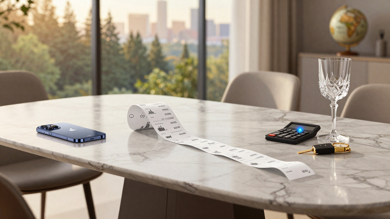 Mesa de mármore com smartphone, recibo longo, calculadora, taça de cristal e chave em ambiente iluminado.