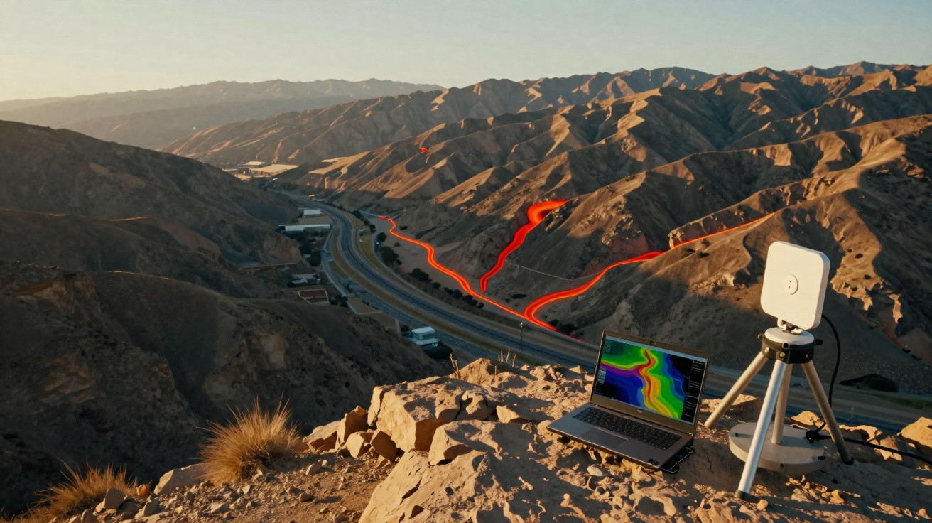 Equipamento de monitoramento e laptop com mapa térmico em montanha vista para rodovia e vales áridos.