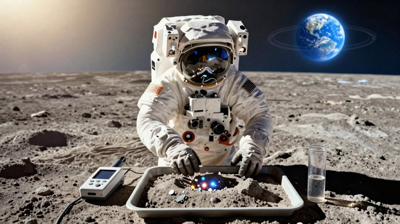 Astronauta em traje espacial manipula modelo de um sistema solar em bandeja na superfície lunar.