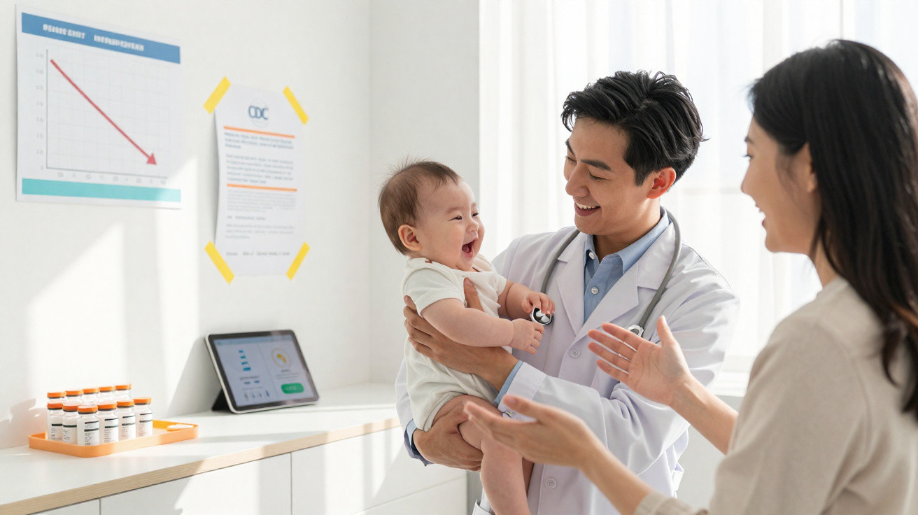 Médico segurando bebê sorridente, mãe interagindo, em consultório com remédios e gráficos na parede.