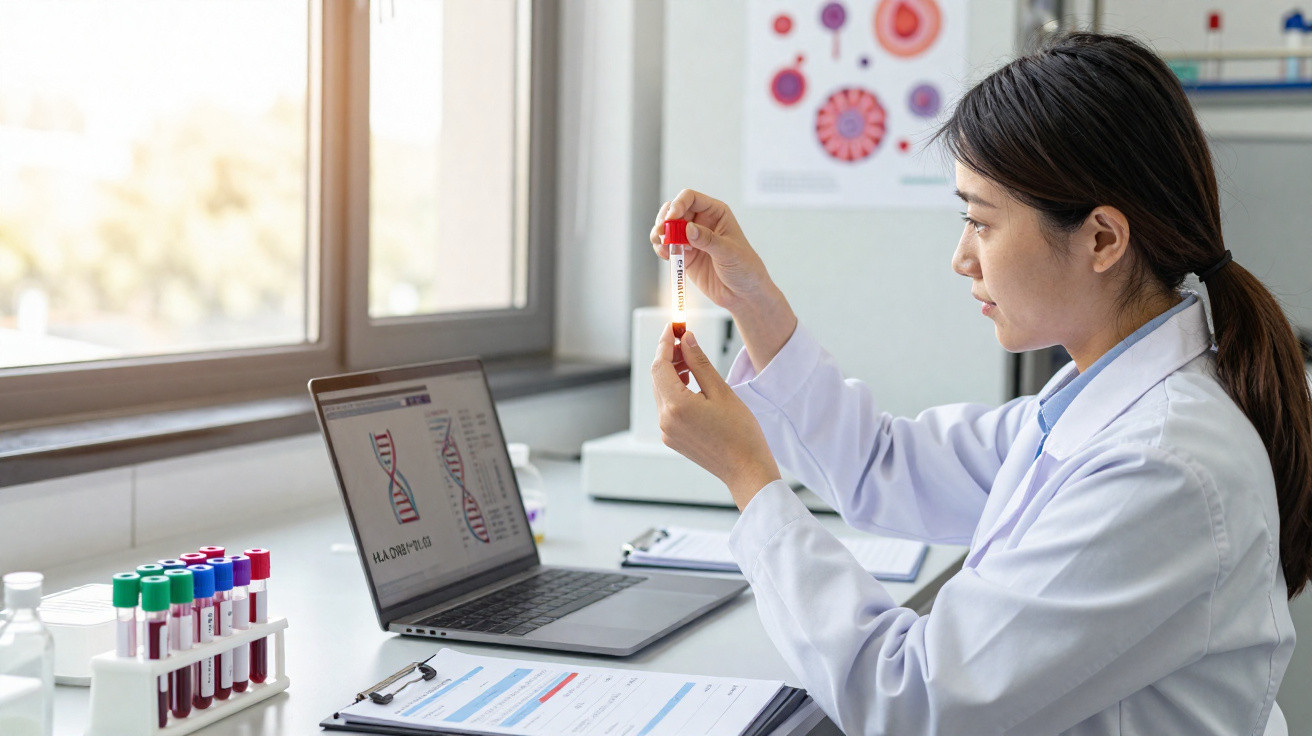 Mulher cientista em jaleco analisando amostra de sangue em tubo no laboratório com laptop e documentos na mesa.