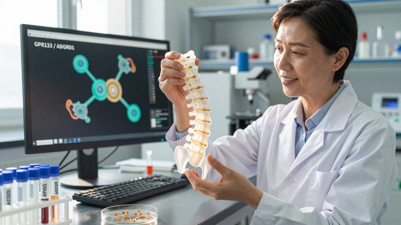 Cientista em laboratório segurando modelo da coluna vertebral com monitor e tubos de ensaio ao fundo.
