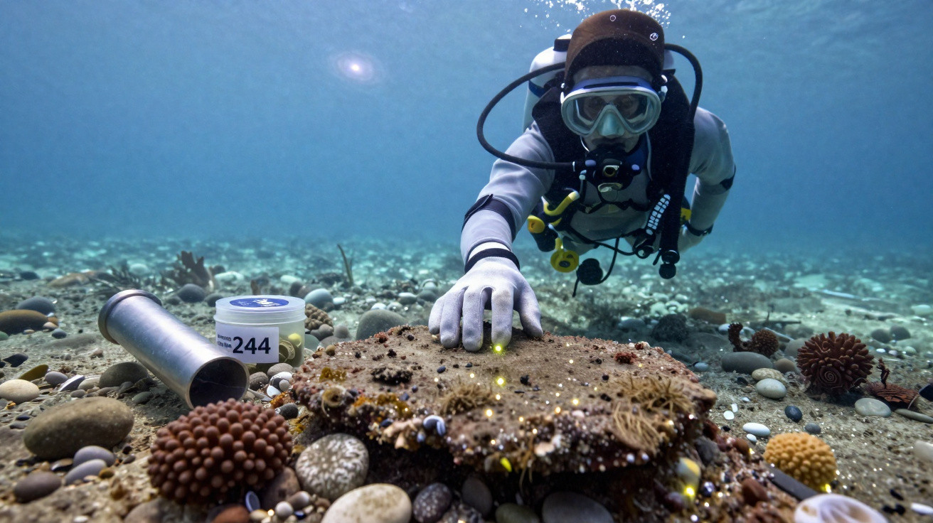 Mergulhador examinando coral no fundo do mar cercado por pedras e equipamentos de pesquisa.