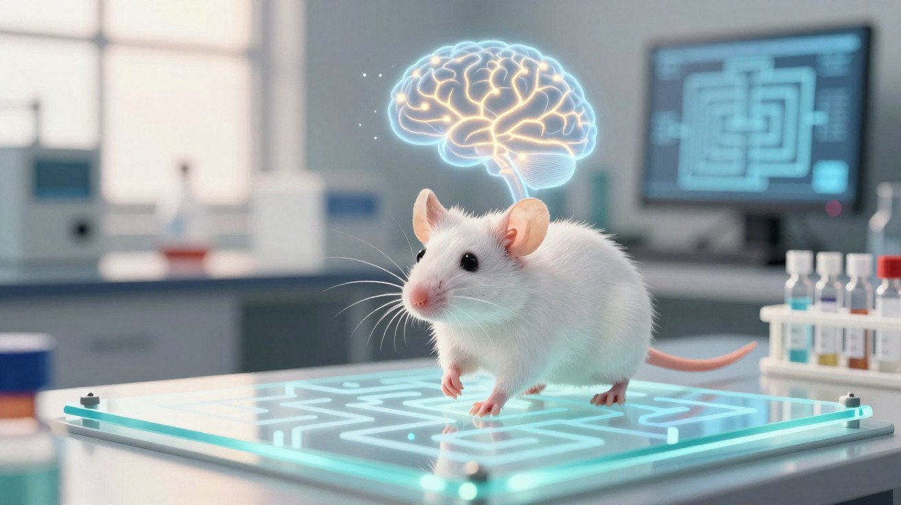 Rato branco em superfície digital com labirinto iluminado e cérebro holográfico brilhante acima.