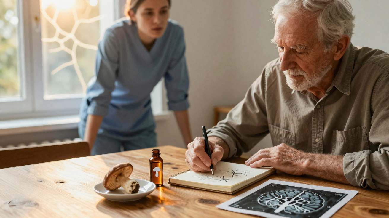 Idoso desenhando conexão cerebral enquanto mulher observa, com cogumelo e frasco de suplemento na mesa.