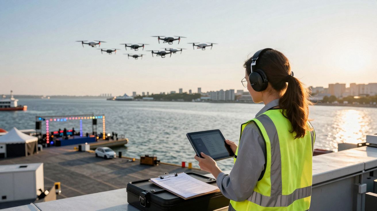 Mulher com colete refletivo controla drones com tablet em área portuária ao pôr do sol.