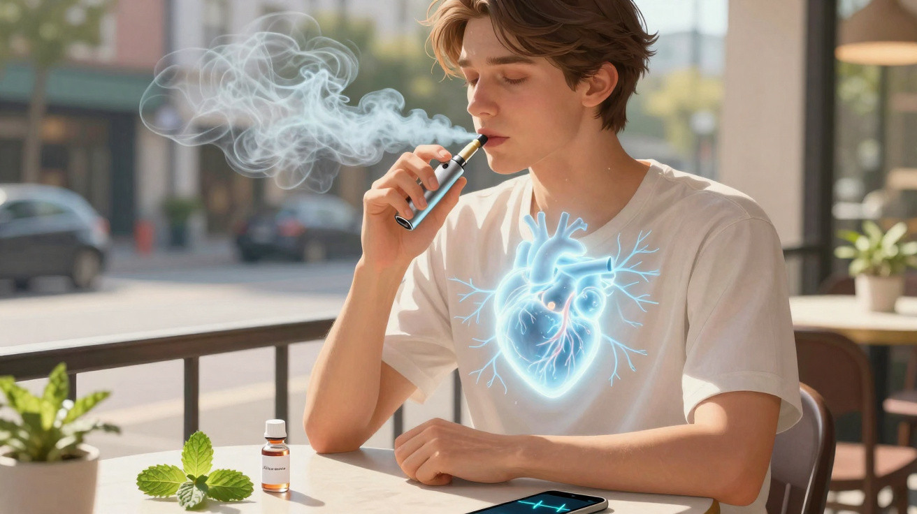 Jovem usando vaporizador, com ilustração digital de coração iluminado sobre o peito, sentado em mesa.