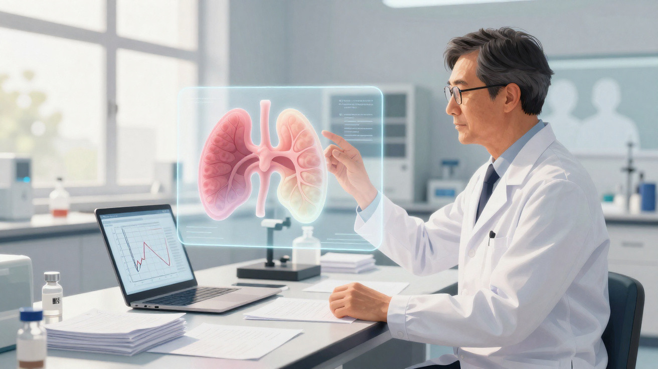 Médico analisando imagem holográfica de pulmões em laboratório com laptop e documentos na mesa.