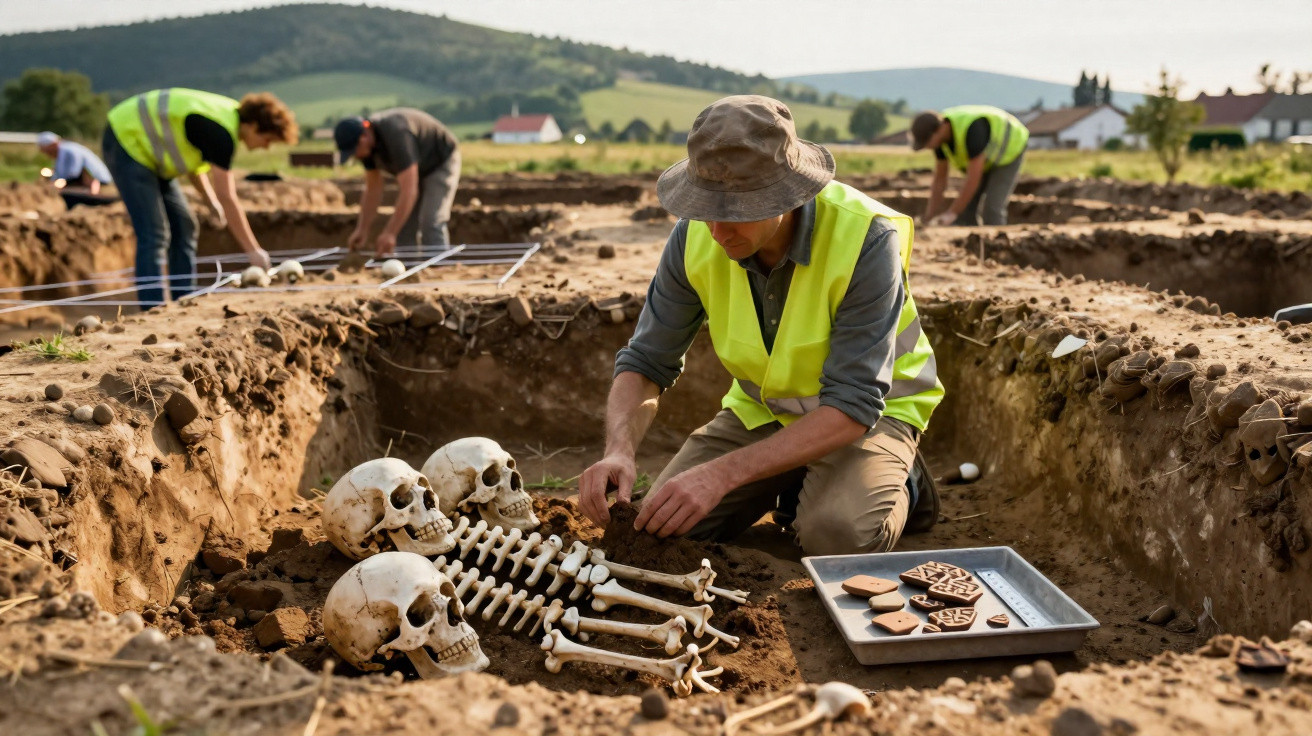 Arqueólogos escavam e estudam ossos humanos e cerâmicas em sítio arqueológico ao ar livre.
