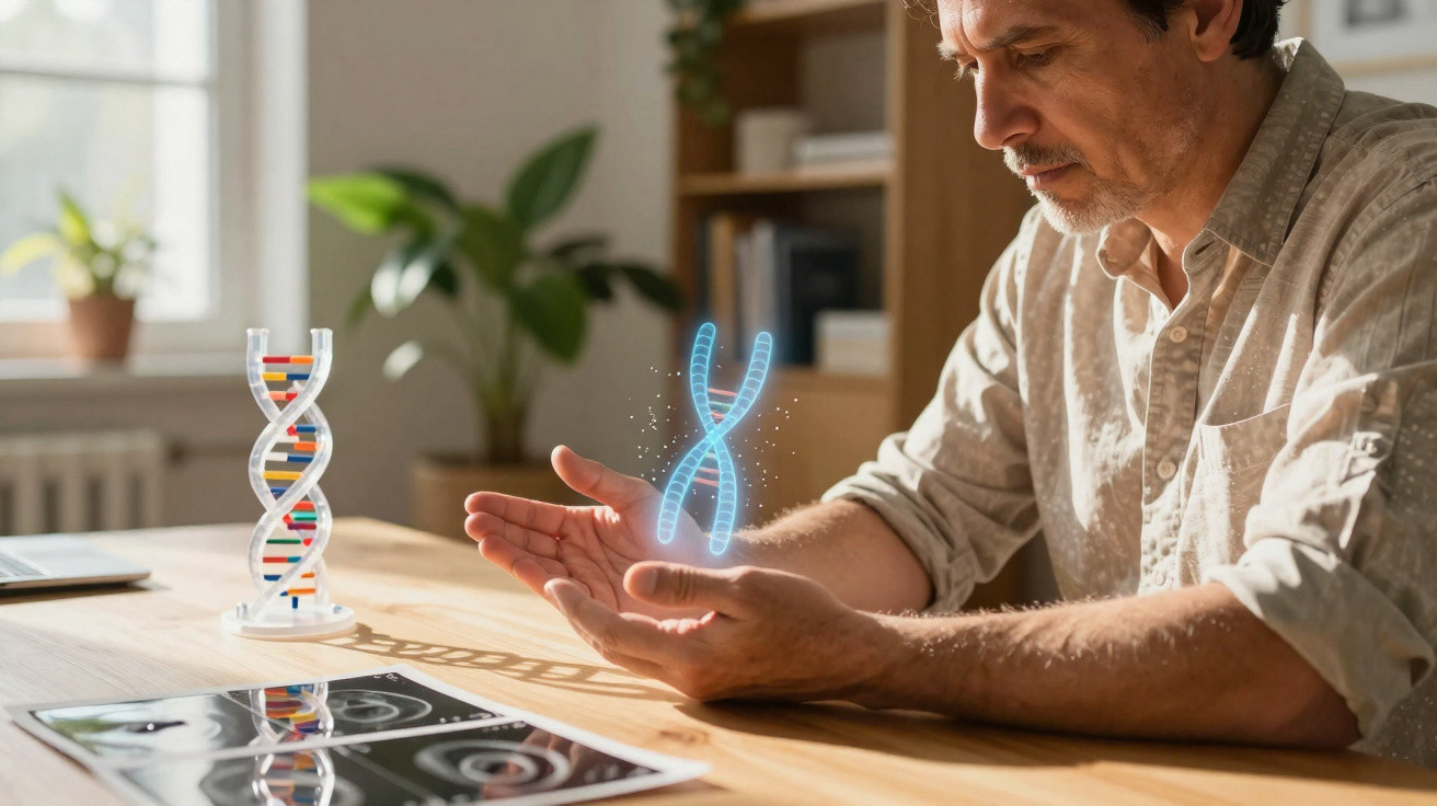 Homem observando holograma de dupla hélice de DNA em mesa de madeira com modelo físico do DNA ao lado.
