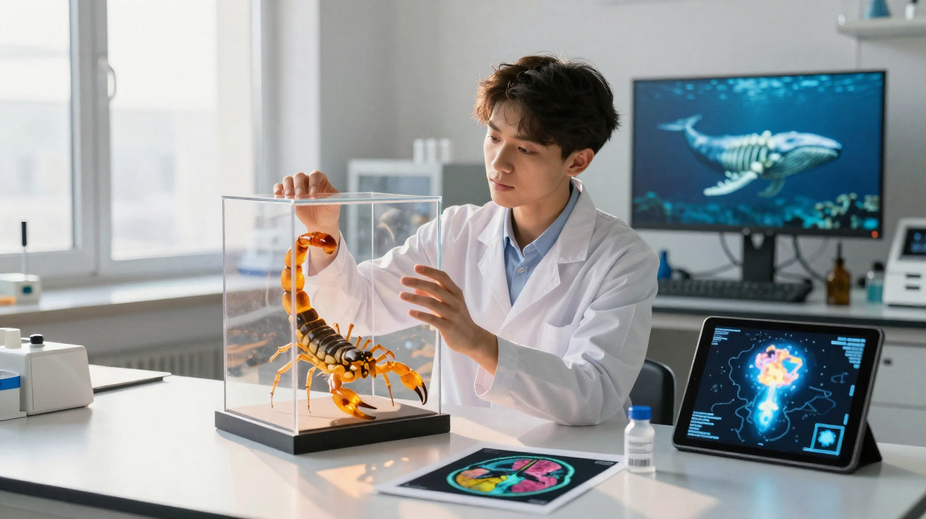 Cientista jovem examina modelo de escorpião em laboratório com imagens digitais de cérebro e baleia ao fundo.