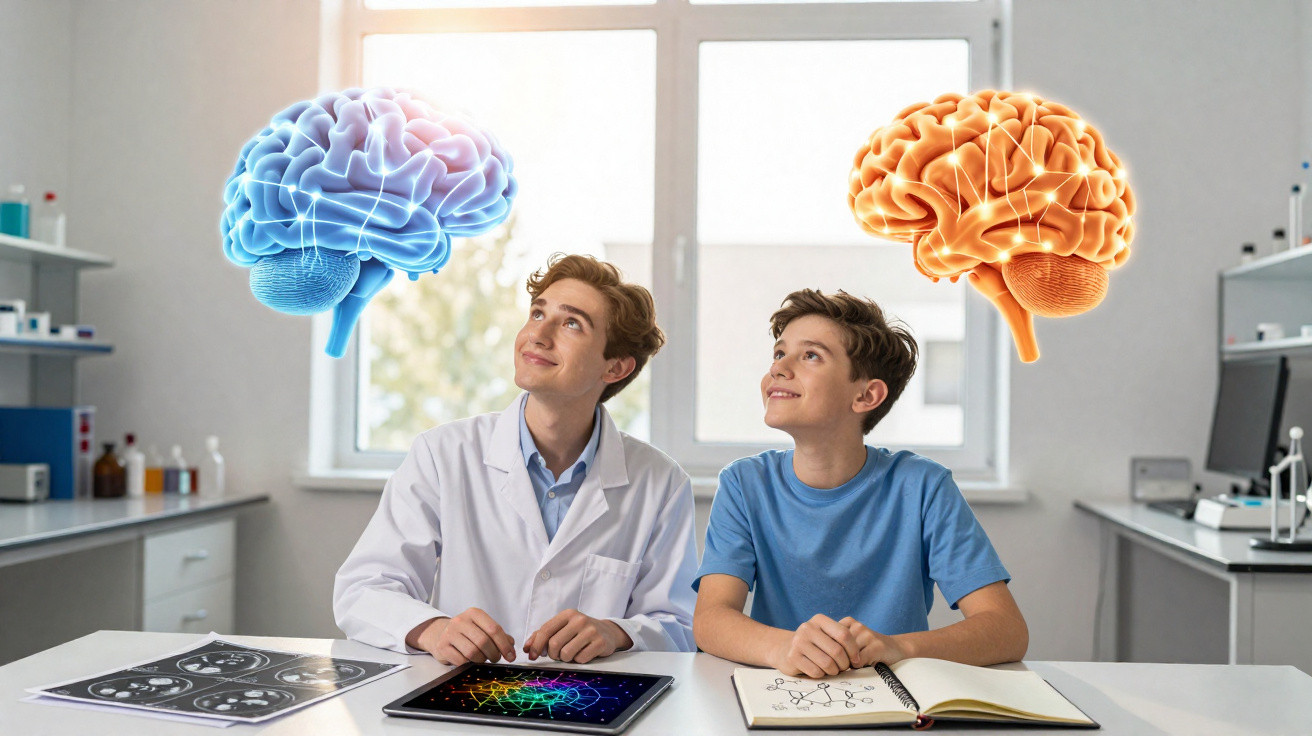 Profissionais observam cérebro masculino 3D digital flutuante em laboratório com exames e desenhos científicos.