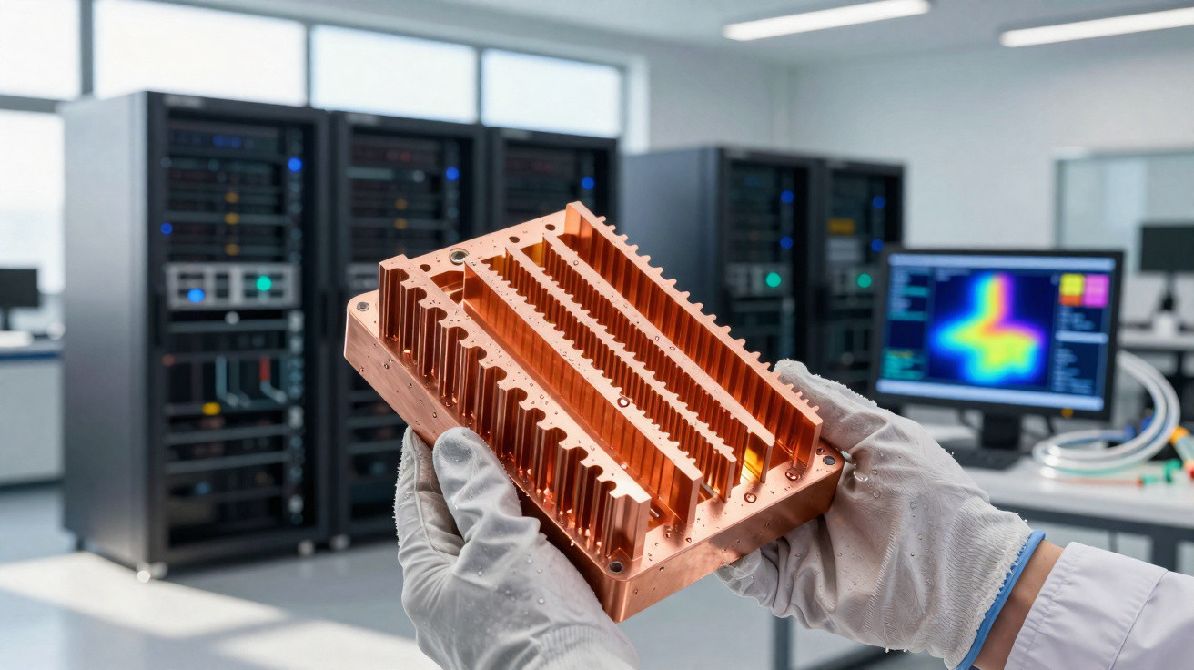 Mãos com luvas segurando componente metálico de cobre em laboratório tecnológico com servidores ao fundo.