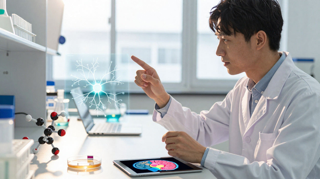 Cientista em laboratório com jaleco, interagindo com holograma e tablet com imagem do cérebro.