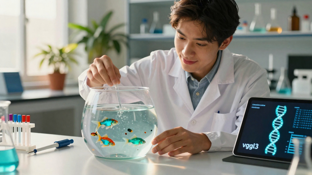 Cientista em laboratório alimenta peixes em aquário com tablet mostrando sequência de DNA ao lado.