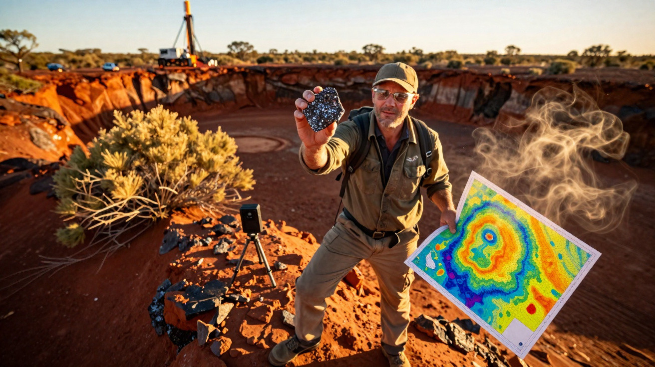 Homem em campo mostrando rocha e mapa colorido perto de crateras em terreno árido ao entardecer.