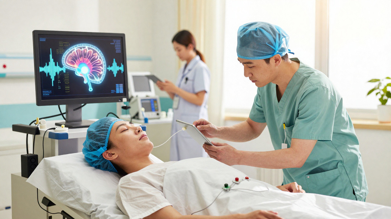 Paciente em hospital com eletroencefalograma, médico e enfermeira monitorando sinais vitais e cérebro no monitor.