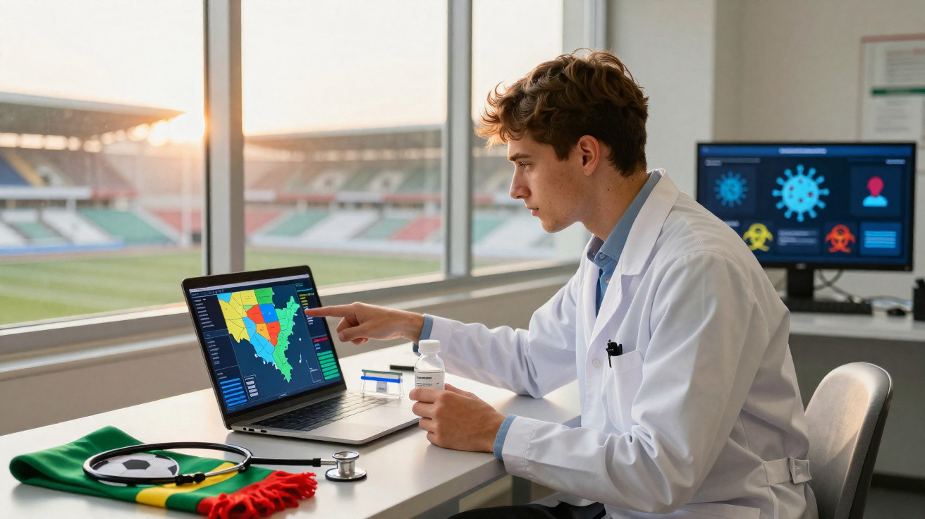 Homem de jaleco branco analisa mapa colorido em laptop dentro de laboratório com estádio ao fundo.