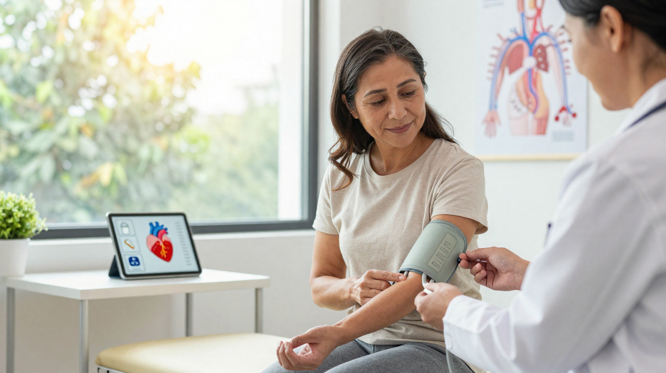 Mulher com pulseira de pressão sendo atendida por médica em consultório com quadro anatômico ao fundo.