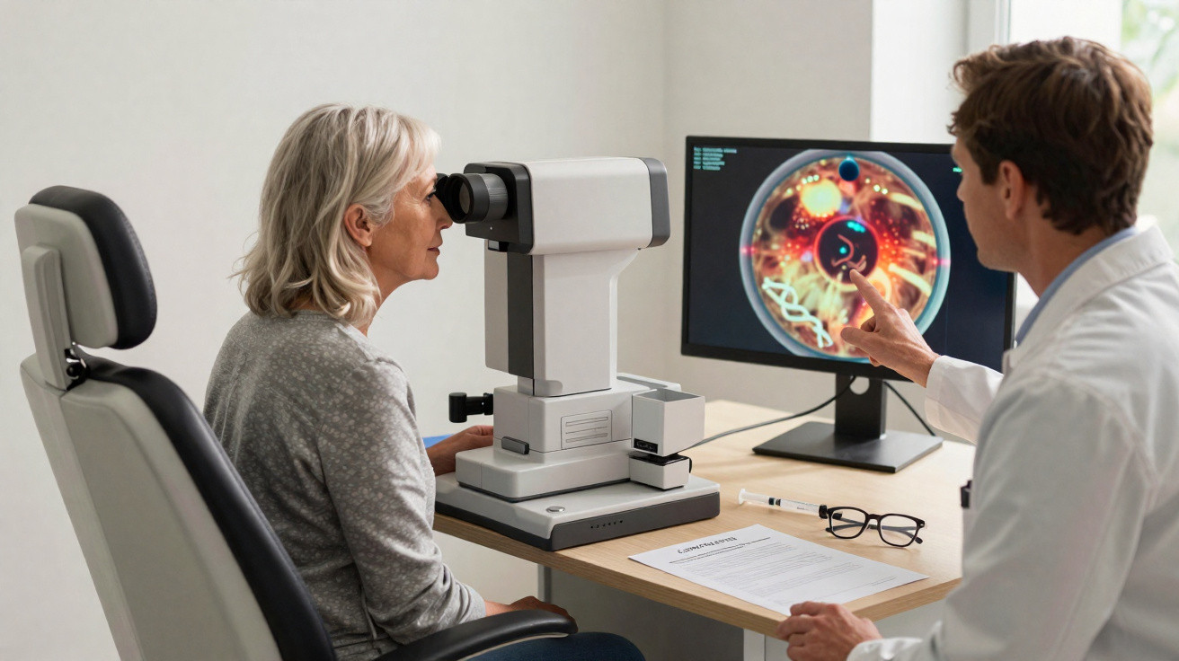 Paciente passa por exame oftalmológico com equipamento digital enquanto médico analisa dados na tela do computador.