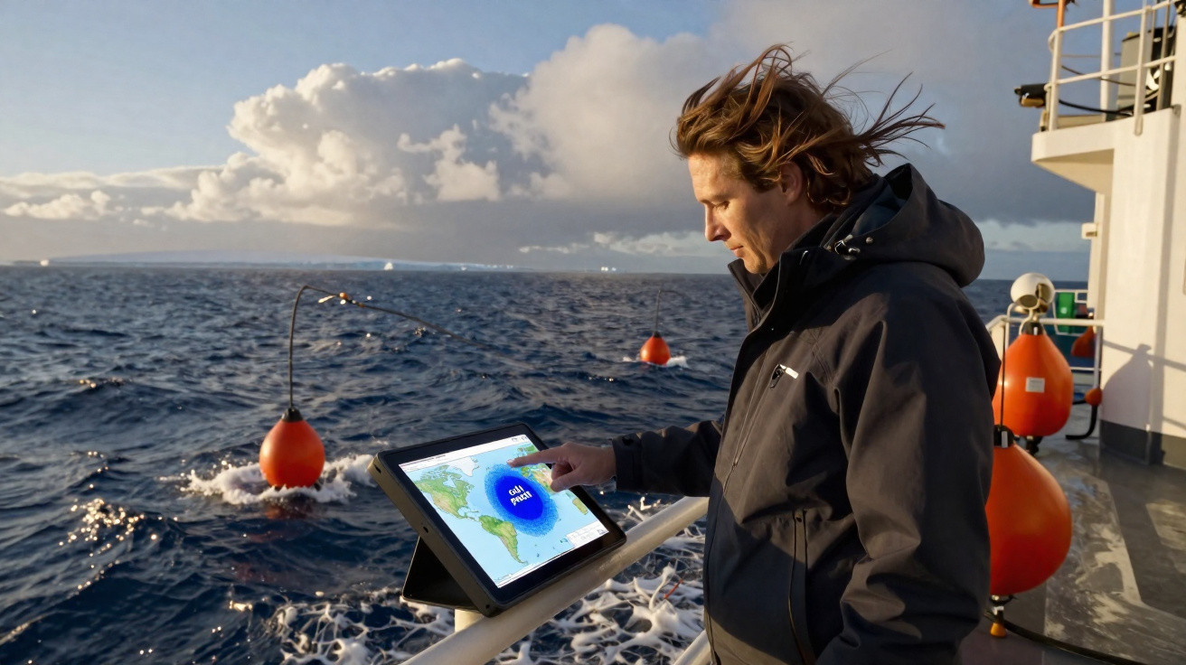 Pessoa em jaqueta preta mexendo em tablet com mapa marítimo a bordo de navio em mar aberto.
