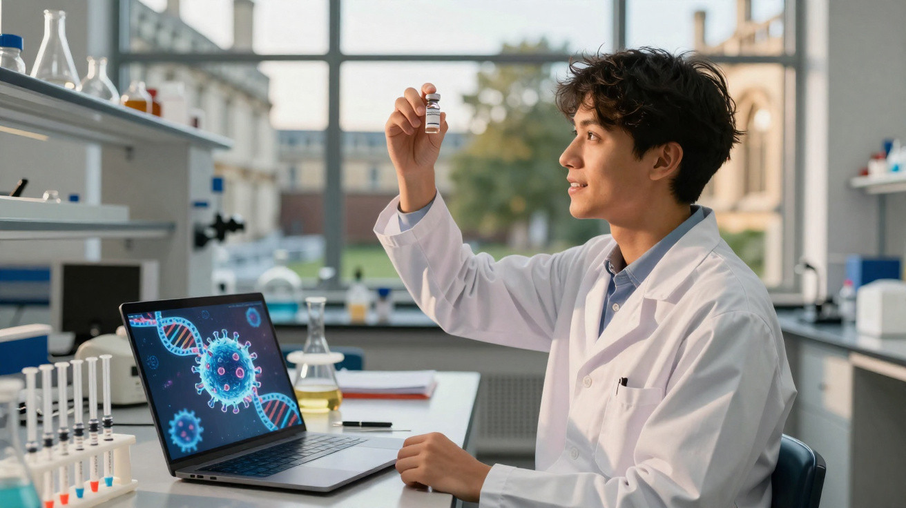 Cientista em laboratório segurando frasco pequeno, com imagem de vírus e DNA na tela do notebook.