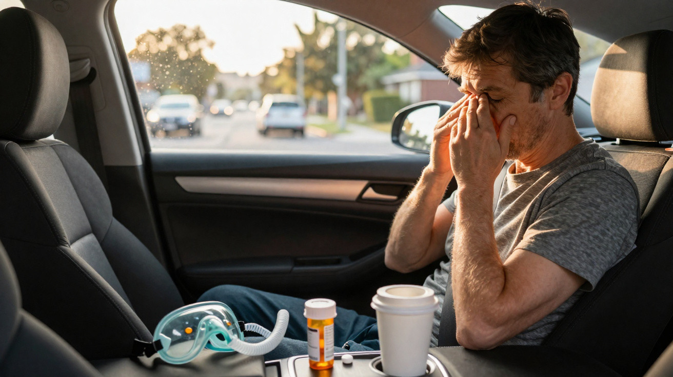 Homem com expressão de cansaço ou dor no rosto dentro de um carro, com remédios e máscara de oxigênio no banco ao lado.