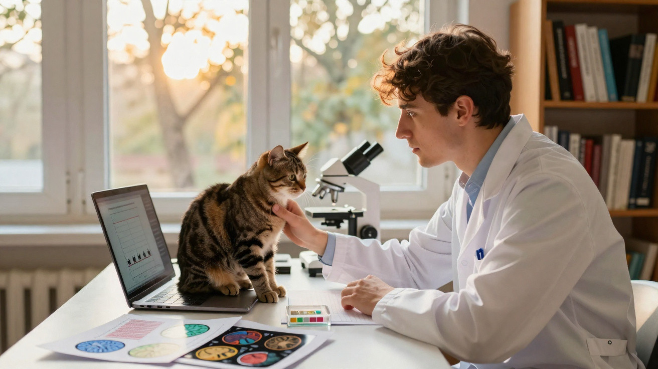 Veterinário examinando gato em consultório com laptop e documentos ao fundo.