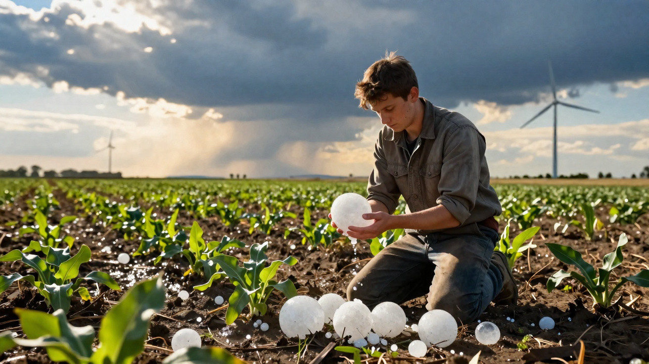 Jovem agricultor examina bolas de granizo em plantação com turbinas eólicas ao fundo e céu nublado.