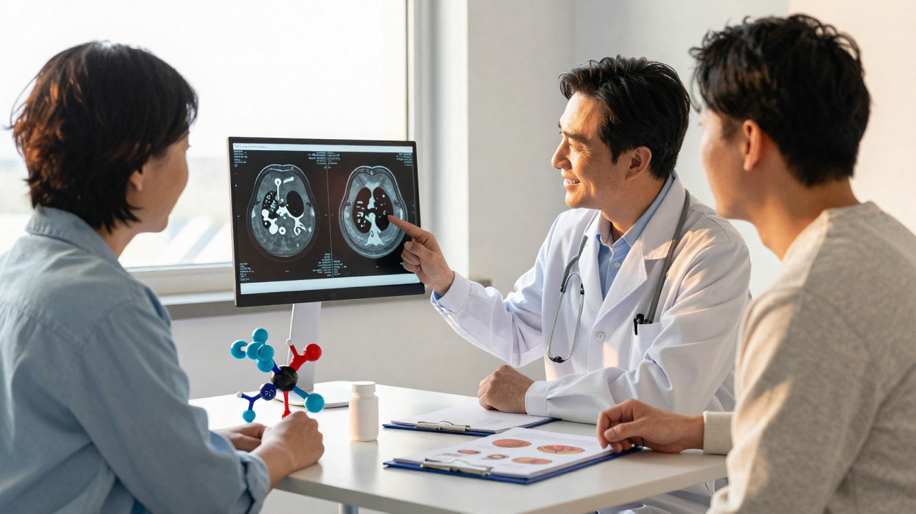 Médico explica radiografia a casal em consulta, usando computador e material didático na mesa.